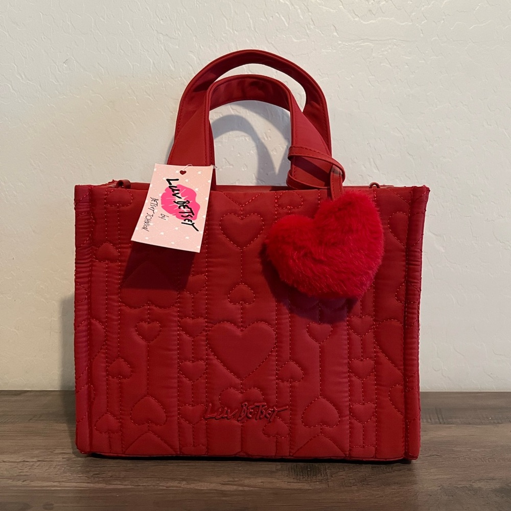 Luv Betsey Johnson Valentines Day Red Quilted Heart Tote Handbag w/ Heart Charm